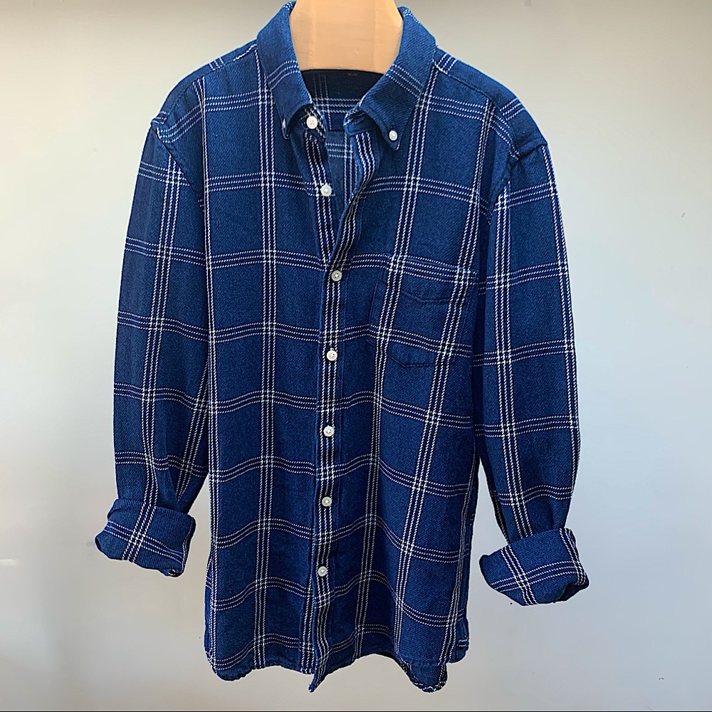 Casual Thick Knit Blue Plaid Button Down Shirt